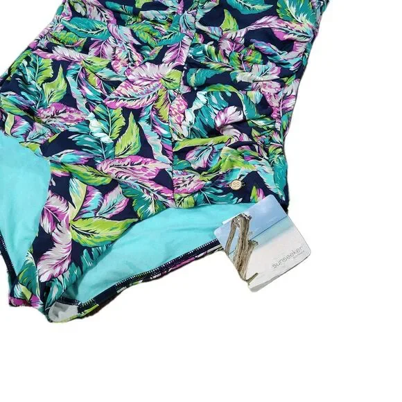 Sunseeker One Piece Swimsuit Size 14 D Cup Tummy Control Tropical Leaf Ruched - Picture 7 of 14